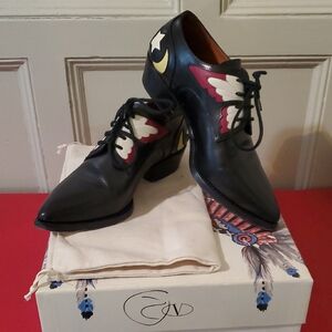 Valentino Garavani Black Leather Lace-Up Heels with Red & Cream Wing Motifs